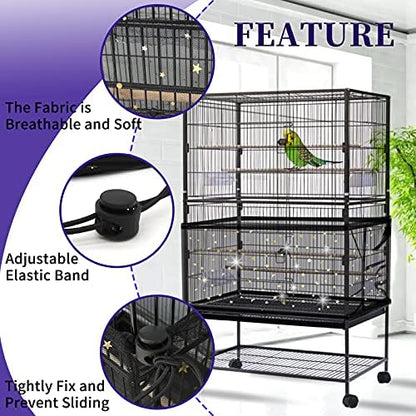 Daoeny Large Bird Cage Cover, Bird Cage Seed Catcher, Adjustable Soft Nylon Mesh Net with Twinkle Moon Star, Birdcage Cover Skirt Seed Guard for Parrot Parakeet Macaw Round Square Cages (Black)