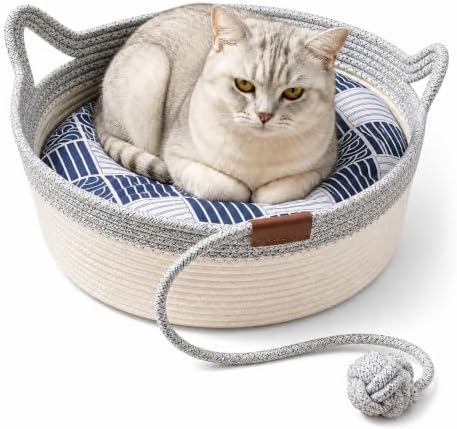 Instinct Basket for Cats - Handwoven Cotton Rope Enrichment Bed with Attached Toy Tail, Scratchable Interactive Pet Nest Features Flexible Walls to Fight Boredom & Protect Furniture (Grey & Mat, L)