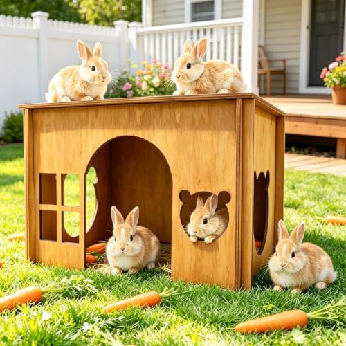 Large Sturdy Wooden Rabbit Castle Hideout with Spacious Balcony, Detachable Bunny Playhouse Hideaway Cage Accessories, Indoor Habitat Toys for Guinea Pig Chinchilla Hamster Gerbil Small Animals