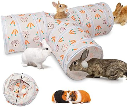 BWOGUE Bunny Tunnels & Tubes, 3-Way Collapsible Rabbit Hideout for Bunnies