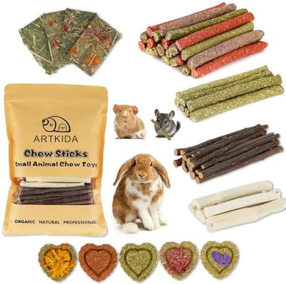 70PCS Rabbit Bunny Guinea Pig Chew Toys Treats, Chinchilla Hamster Chews Toys for Teeth, Timothy Hay Chips Treats Sticks for Rabbit Guinea Pig Chinchilla Hamster Rat