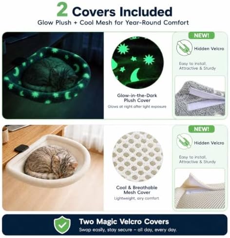 Cat Desk Bed with 2 Covers - Glow in the Dark Plush & Breathable Mesh, Foldable Cat Hammock Perch with Larger Contact Clamp, Removable Washable Covers, Metal Frame, Grey, 50 lb Weight Capacity