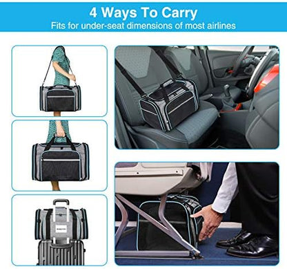 Airline Approved Portable Pet Carrier 2 Sides Expandable Soft-Sided Large Cats Carrier Collapsible Kennel Travel TSA Carrier 4 Doors with Removable Pads and 3 Pockets for Puppy Small Dogs