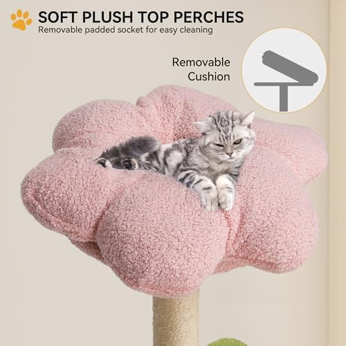 YITAHOME Tall Flower Cat Tree Tower with Detachable Perch, 65in Cute Cat Climbing Tower for Indoor Cats with Cat Condo, Basket, Tunnel, Sisal Scratching Posts and Board, Pink and Green