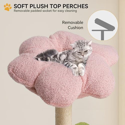 YITAHOME Tall Flower Cat Tree Tower with Detachable Perch, 65in Cute Cat Climbing Tower for Indoor Cats with Cat Condo, Basket, Tunnel, Sisal Scratching Posts and Board, Pink and Green