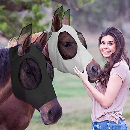 Weewooday 2 Pcs Horse Fly Mask with Ears, Soft Stretchy Horses Face Masks for Flies, Breathable Mesh Eye Cover, UV Protection Horse Masks for Pasture, Barn, Turnout(L,Black, Grey)
