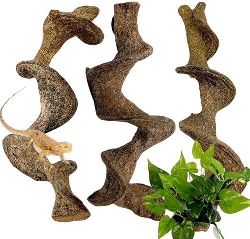 BNOSDM 3PCS Natural Reptile Climbing Branches Decor,1.2-1.8" Thick Natural Snake Climbing Forest Wood with Plant Leaf Decor,Lizard Forest Branch,Geckos Tank Tree Trunk Accessories for Bearded Dragons