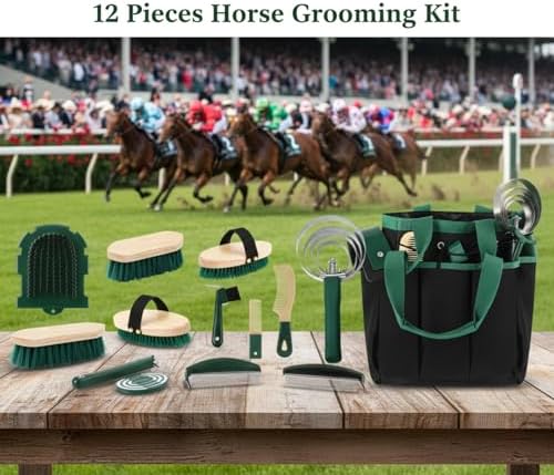 Abbylike 12 Piece Horse Grooming Kit with Organizer Tote Bag Brush Sets for Derby Day Show Horses Professional Tools for Care & Massage(Khaki and Green)
