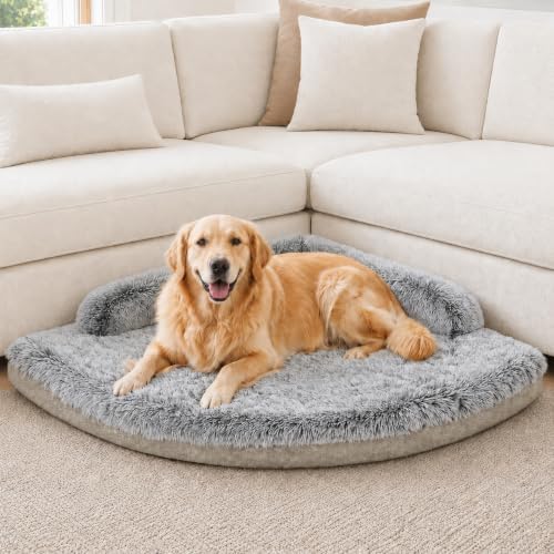 Corner Dog Bed Large, 39" Calming Fluffy Orthopedic Pet Beds, Beige