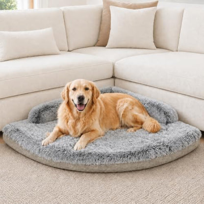 Corner Dog Bed Large, 39" Calming Fluffy Orthopedic Pet Beds, Beige