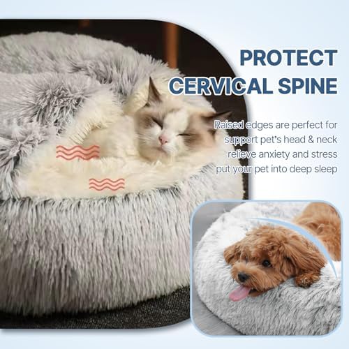 SUOXU Cat Beds for Indoor Cats,Plush Hooded Cat Cave for Puppy Kitty Small Dog Bed,Removable Washable Non-Slip Bottom Self Warming Round Fluffy Faux Fur Super Soft Calming Sleeping Pet Bed(Gray)