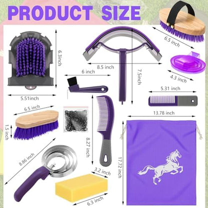 Abbylike 12 Pieces Horse Grooming Kit Equine Care Brushes, Gray and Purple