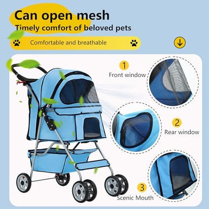 FDW | 4-Wheel Foldable Pet Stroller | Blue | Lightweight & Portable
