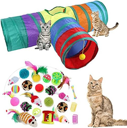 32Pcs Cat Toys Kitten Interactive Pet Toys Assortments, Foldable Rainbow Tunnel, Teaser Wand Fluffy Mouse Crinkle Balls Bell Play for Puppy Kitty (3 way)