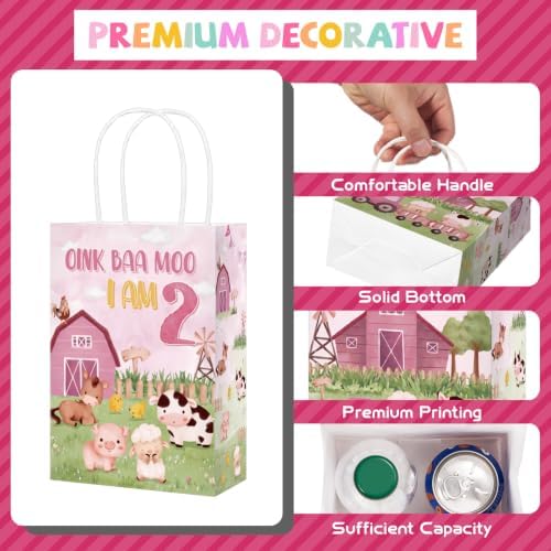 Greencian 16Pcs Farm 2nd Birthday Party Favor Bags Pink Goodie Bags