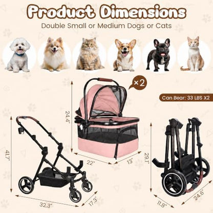 Foldable Double Pet Stroller for 2 Small Medium Cats Dogs