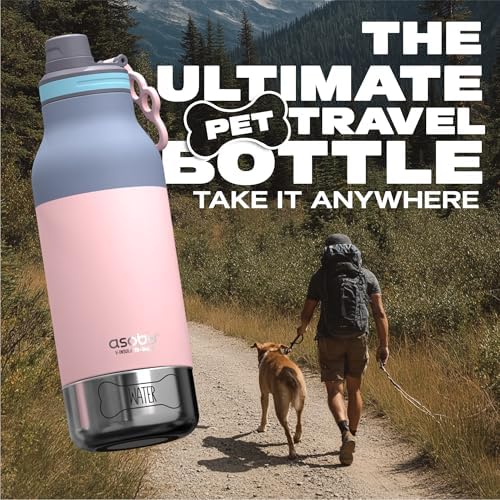 Asobu Barky Bottle a Stainless Steel Insulated Water Bottle for with Removable Dog Water Bowl and Dog Food and Treat Storage Bowl (Pastel Pink, 34 Oz)