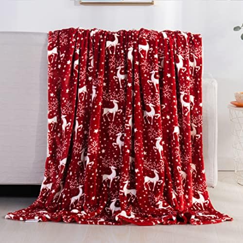Elegant Comfort Velvet Touch Ultra Plush Christmas Holiday Printed Fleece Throw/Blanket - 50 inches x 60 inches, (Reindeer Stars)