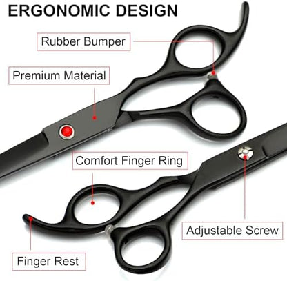 TINMARDA Dog Grooming Kit, Titanium Black Stainless Steel Dog Grooming Scissors with Curved Shears, Black Finger Rings - 4 Piece Sharp Durable Pet Shears for Dogs Cats At Home Salon-Quality Grooming