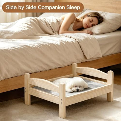 Elevated Dog Bed with Mat for Small Dogs,Solid Wood,Spine-Friendly Design