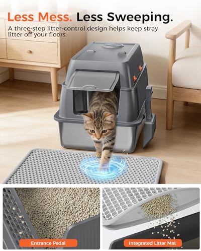 GTPLAYER XXL Stainless Steel Cat Litter Box with Lid, High Sided Enclosed Cat Litter Box, Activated Carbon Odor Control, Extra Large Metal Litter Box, Anti-Leak, with Mat, Scoop & Stickers, Gray