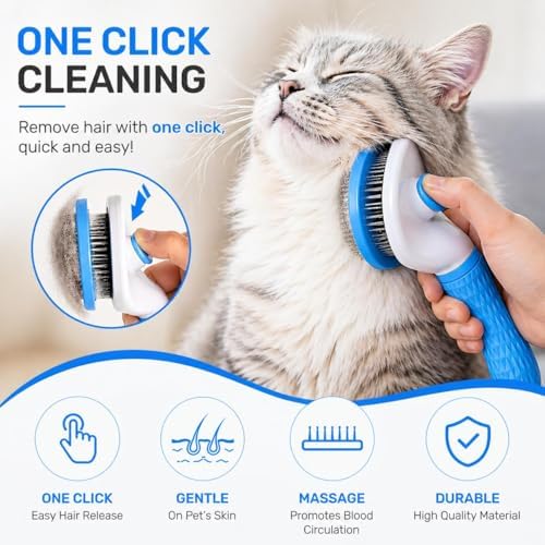 Pet Grooming Deshedding Brush, Self-Cleaning Massaging Brush for Dogs and Cats, Short and Long Hair (Blue)