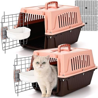 2 Set 18.9" Pet Carrier for Small Cats and Dogs, Hard Sided Plastic Cat Kennel for Pet with Front Door Security Lock Fully Breathable Travel Crate, up to 13 Lbs(Brown,18.9 x 12.6 x 11.8 Inch)