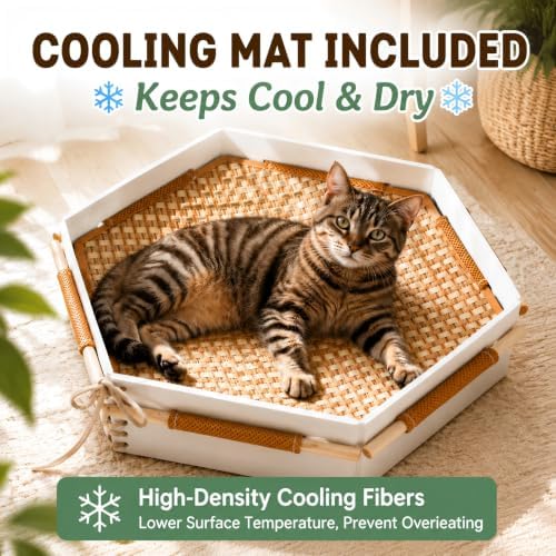 Cooling Cat Bed Handwoven Cat Basket with Removable Cooling Mat & Play Rope