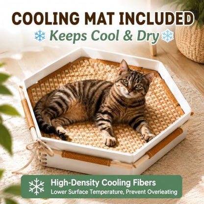 Cooling Cat Bed Handwoven Cat Basket with Removable Cooling Mat & Play Rope