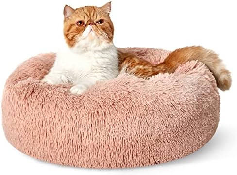 Bedsure Calming Cat Beds Donut Round Washable Kitten Bed,20 inches Pink
