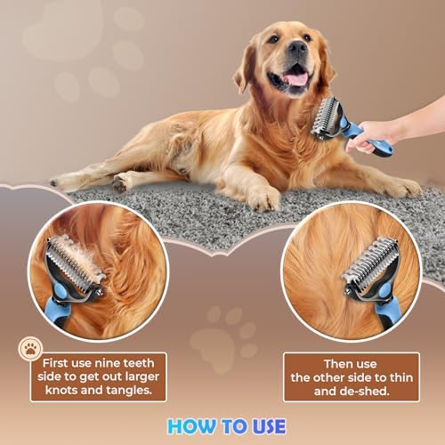 Undercoat Rake for Dogs & Cats, Dematting Comb with Extra Wide Double-Sided Stainless Steel Teeth for Detangling, Deshedding, Brushing, Thinning & Removing Shed Fur, Knots, Mats, and Tangles in Pets