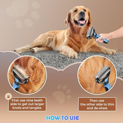 Undercoat Rake for Dogs & Cats, Dematting Comb with Extra Wide Double-Sided Stainless Steel Teeth for Detangling, Deshedding, Brushing, Thinning & Removing Shed Fur, Knots, Mats, and Tangles in Pets