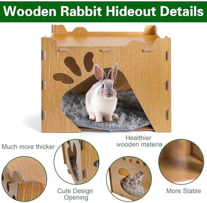 Yesland Rabbit Hideout Castle, Large Wooden Bunny Houses and Hideouts with Pet Pad, Detachable Small Animal Play Hideaway Hut and Playhouse for Indoor Bunnies Guinea Pig Hamster Chinchilla Gerbi