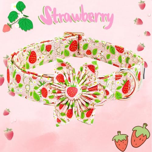 Dog Collar-Strawberry Print Adjustable Cute Pet Collar Soft Pink Dog Collars with Flower Durable Cotton Metal Buckle Puppy Collar Gift for X-Small Dogs