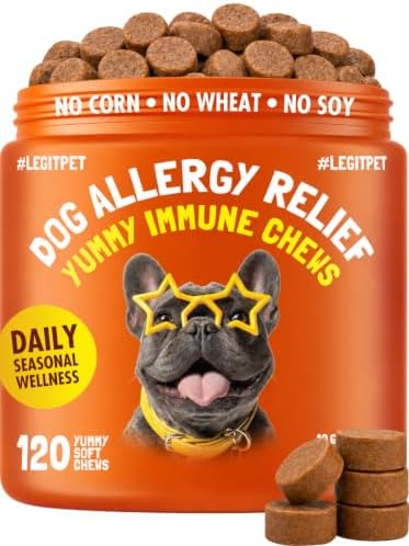 Allergy Relief Chews for Dogs & Immune & Digestive Supplement with Wild Salmon Oil Kelp Colostrum Turmeric Probiotics & Bee Pollen for Seasonal Allergies Anti Itch, Skin Hot Spots 120 Soft Treats