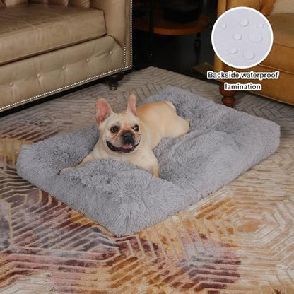 Bedfolks Waterproof Dog Crate Bed, Plush Dog Pad, 29"x21", Solid Light Grey