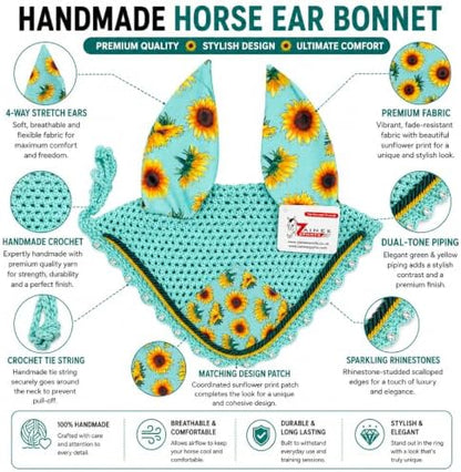 Horse Ear Bonnet for Horses, Sunflower Print Fly Bonnet with Crystal Edge, Handmade Crochet Fly Veil, Breathable Stretch Ears (Mint- Sunflower, Horse/Full)