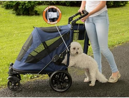 Pet Gear NO-Zip Pet Stroller with Dual Entry, Push Button Zipperless Entry for Single or Multiple Dogs/Cats, Pet Can Easily Walk in/Out, Gel-Filled Tires, Navy, Excursion
