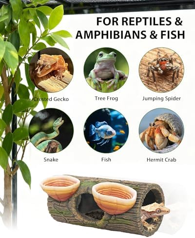 REPTITRIP 2 in 1 Magnetic Crested Gecko Hide, Reptile Hideout & Water Dish Food Bowl, Resin Hollow Log Cave, Reptile & Amphibian Habitat Hideouts