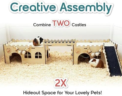 SoulThink® Large Guinea Pig Hideout & House - Easy to Assemble Wooden Guinea Pig Castle with Hammock, Ramp and Toys Accessories Habitat Suitable for Hamsters and Chinchilla