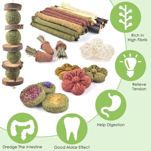 ERKOON 42PCS Rabbit Chew Toys, Natural Timothy Grass Cakes Guinea Pig Toys, Small Animal Teeth Grinding Treats for Bunny Hamster Chinchilla, Safe Dental Care Snacks