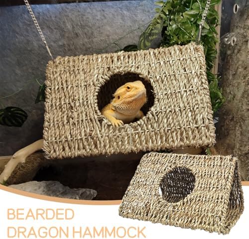 Hanging Reptile Hide Cave,Natural Seagrass Fiber Bearded Dragon Hammock Hideout,Reptile Shelter Sleeping Cave Swing Climbing Toys Terrarium Decor for Lizard Gecko Hermit Crabs(Triangle L)