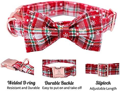 Lionheart glory Christmas Plaid Dog Collar Adjustable Soft Dog Collar with Bowtie, Pet Gift Dog Collars Bow for Small Medium Large Dogs
