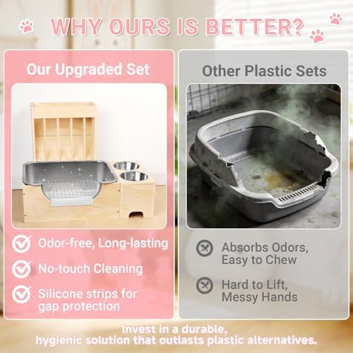 3-in-1 Rabbit Hay Feeder with Stainless Steel Litter Box, Wooden Bunny Hay Rack & Food Bowl Stand Combo, Low Entry Potty Trainer for Guinea Pigs, Includes 20 Pee Pads & 12 Carrot Treats