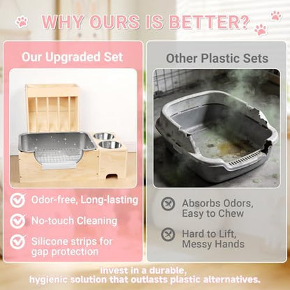 3-in-1 Rabbit Hay Feeder with Stainless Steel Litter Box, Wooden Bunny Hay Rack & Food Bowl Stand Combo, Low Entry Potty Trainer for Guinea Pigs, Includes 20 Pee Pads & 12 Carrot Treats