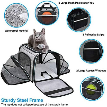 Airline Approved Portable Pet Carrier 2 Sides Expandable Soft-Sided Large Cats Carrier Collapsible Kennel Travel TSA Carrier 4 Doors with Removable Pads and 3 Pockets for Puppy Small Dogs