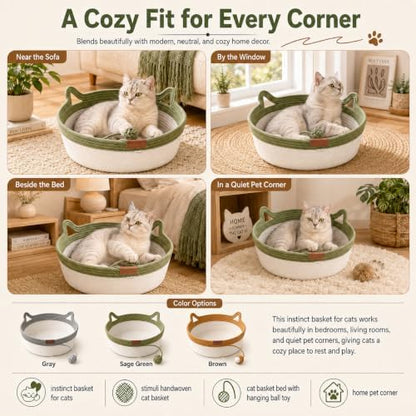 Instinct Basket for Cats - Handwoven Cotton Rope Enrichment Bed with Attached Toy Tail, Scratchable Interactive Pet Nest Features Flexible Walls to Fight Boredom & Protect Furniture (Brown, M)