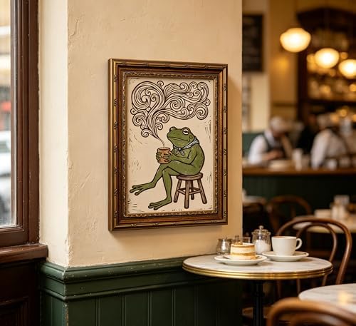 Vintage Gold Framed Frog Wall Art, Funny Frog Drinking Coffee Canvas Print, Whimsical Animal Wall Decor, Cottagecore Picture Poster, Rustic Farmhouse Artwork for Nursery Bedroom Living Room