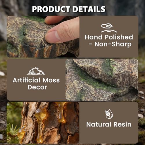 REPTITRIP Large Reptile Hide and Basking Platform, Resin Rock Cave for Geckos, Frogs, Turtles and Lizards