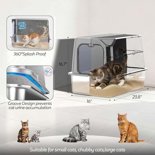 XL Stainless Steel Litter Box with Lid, Enclosed Cat Litter Box,Front Entry